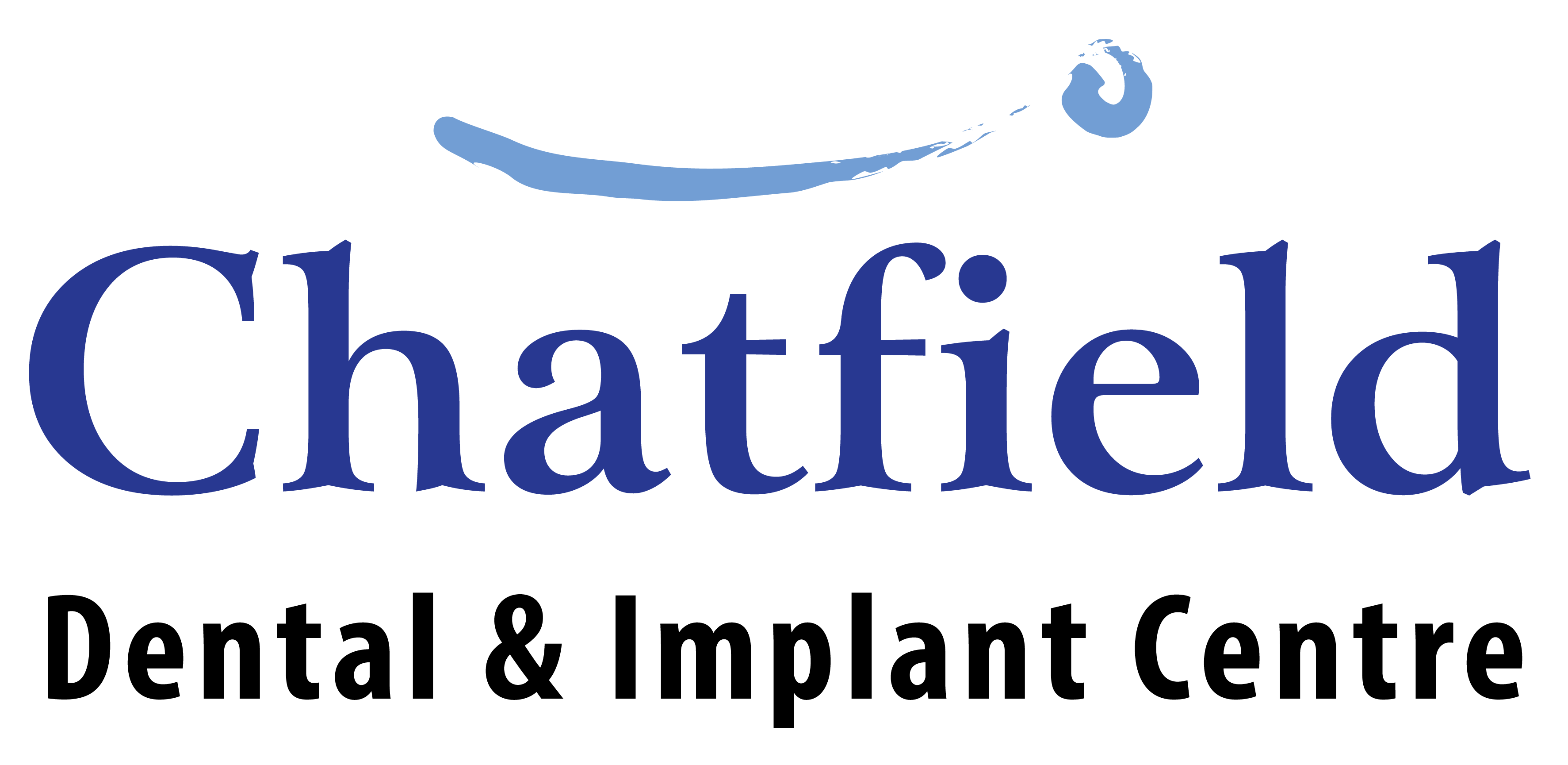 Chatfield Dental & Implant Centre primary mark — royal-blue 'Chatfield' serif wordmark with a light-blue smile-and-tooth device curving above and 'Dental & Implant Centre' below