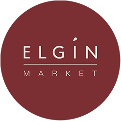 Elgin Market primary mark — a burgundy circular badge with ELGÍN in spaced cream serif above MARKET in spaced caps