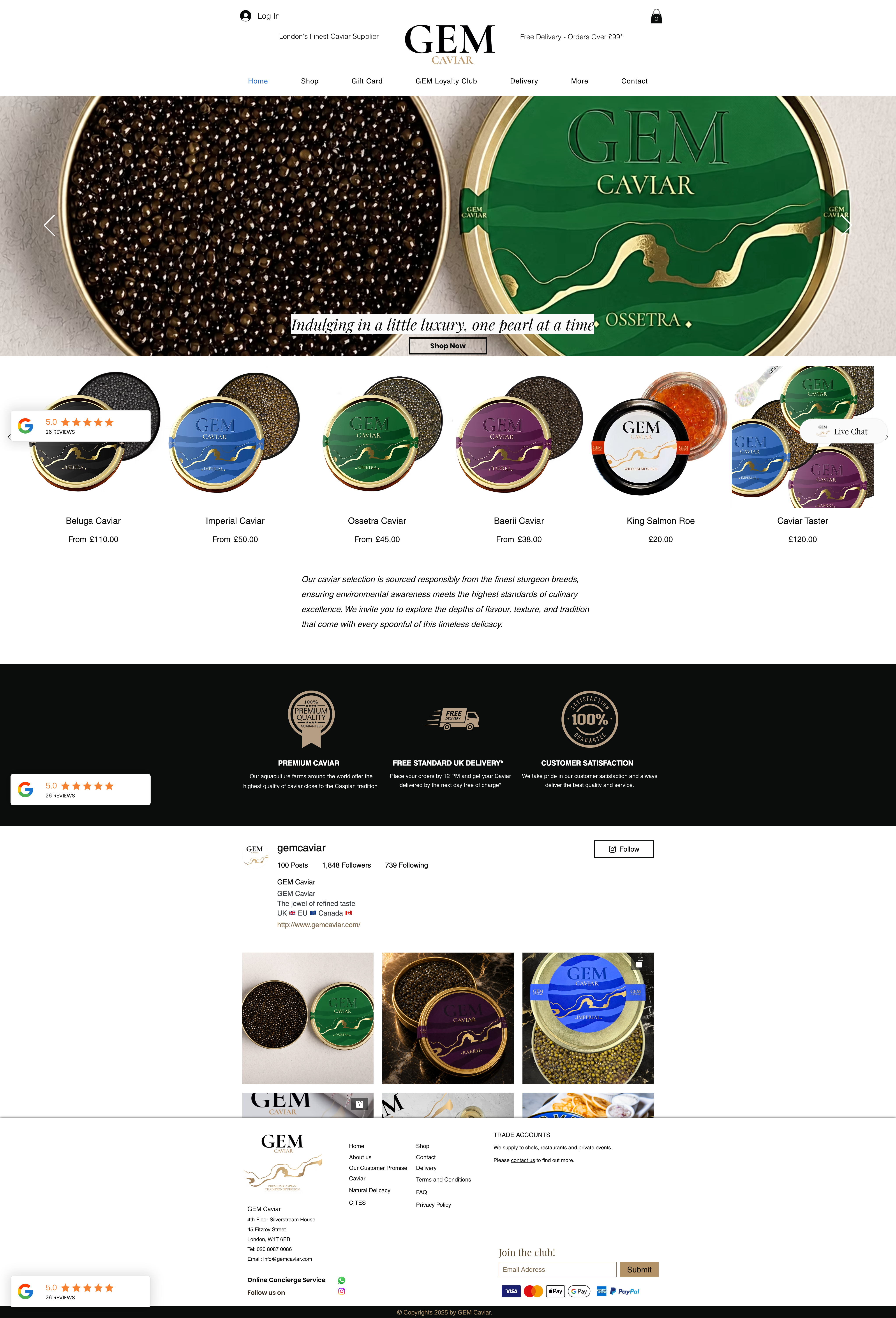 GEM Caviar product range — black, emerald, royal, baerii and salmon roe tins, each carrying the gold GEM serif and a wavy gold river line, arranged across the storefront