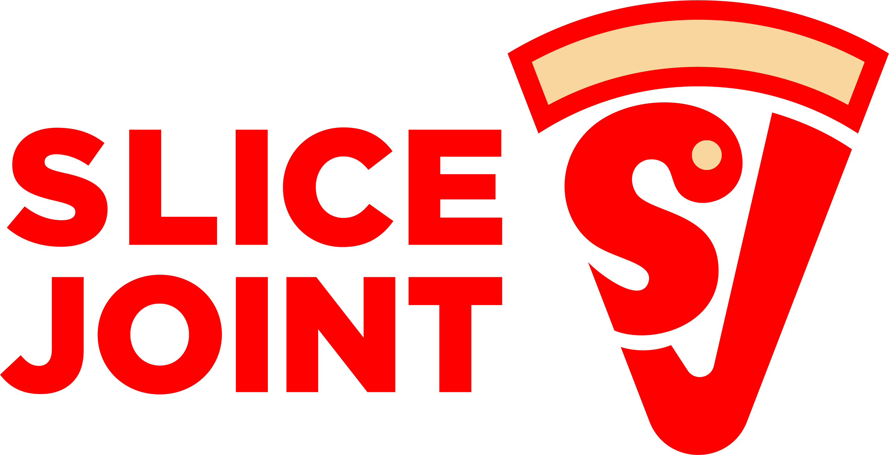 Slice Joint primary mark — bold red SLICE / JOINT wordmark beside the SJ slice monogram with a wheat-cream crust arc and a pepperoni dot