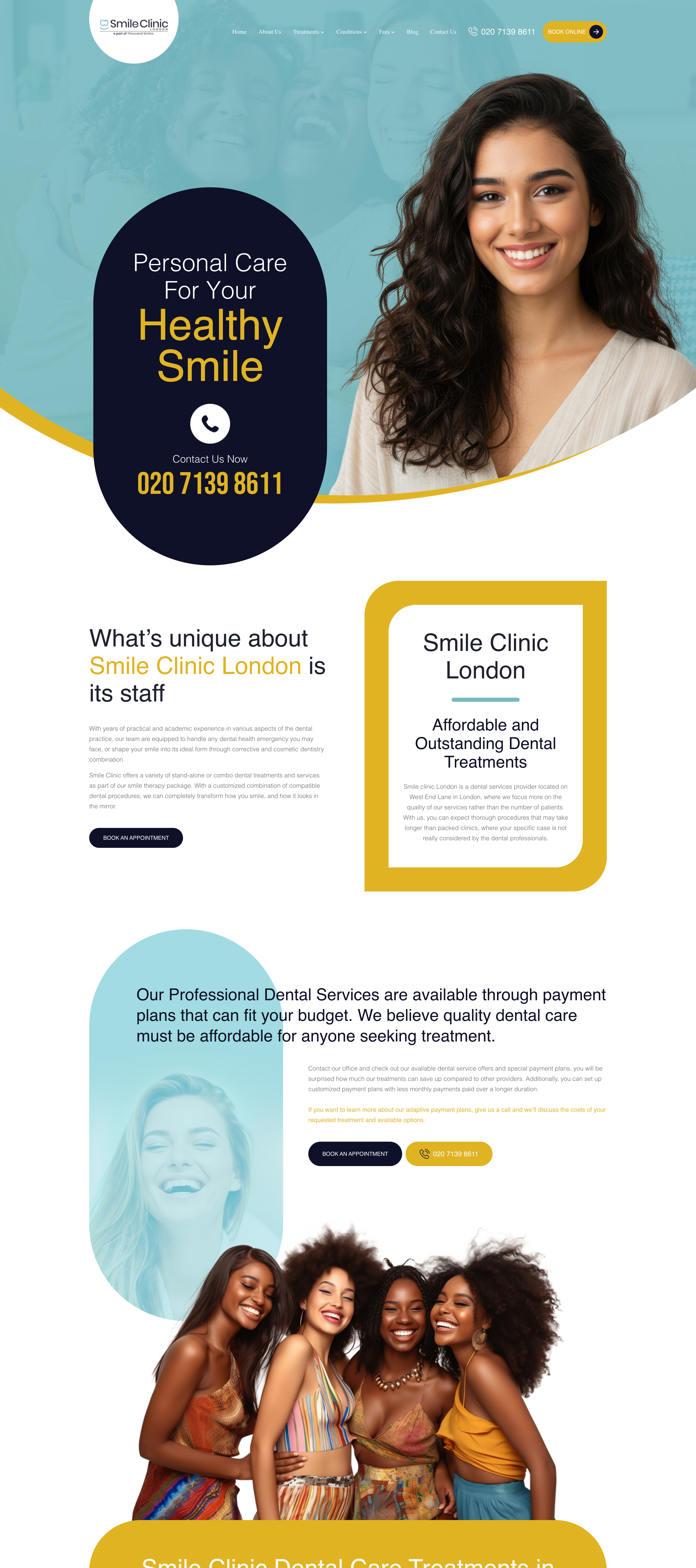 Smile Clinic London homepage — a teal-toned hero with a smiling patient and a deep-navy Personal Care For Your Healthy Smile pill panel, followed by warm-gold BOOK ONLINE CTAs