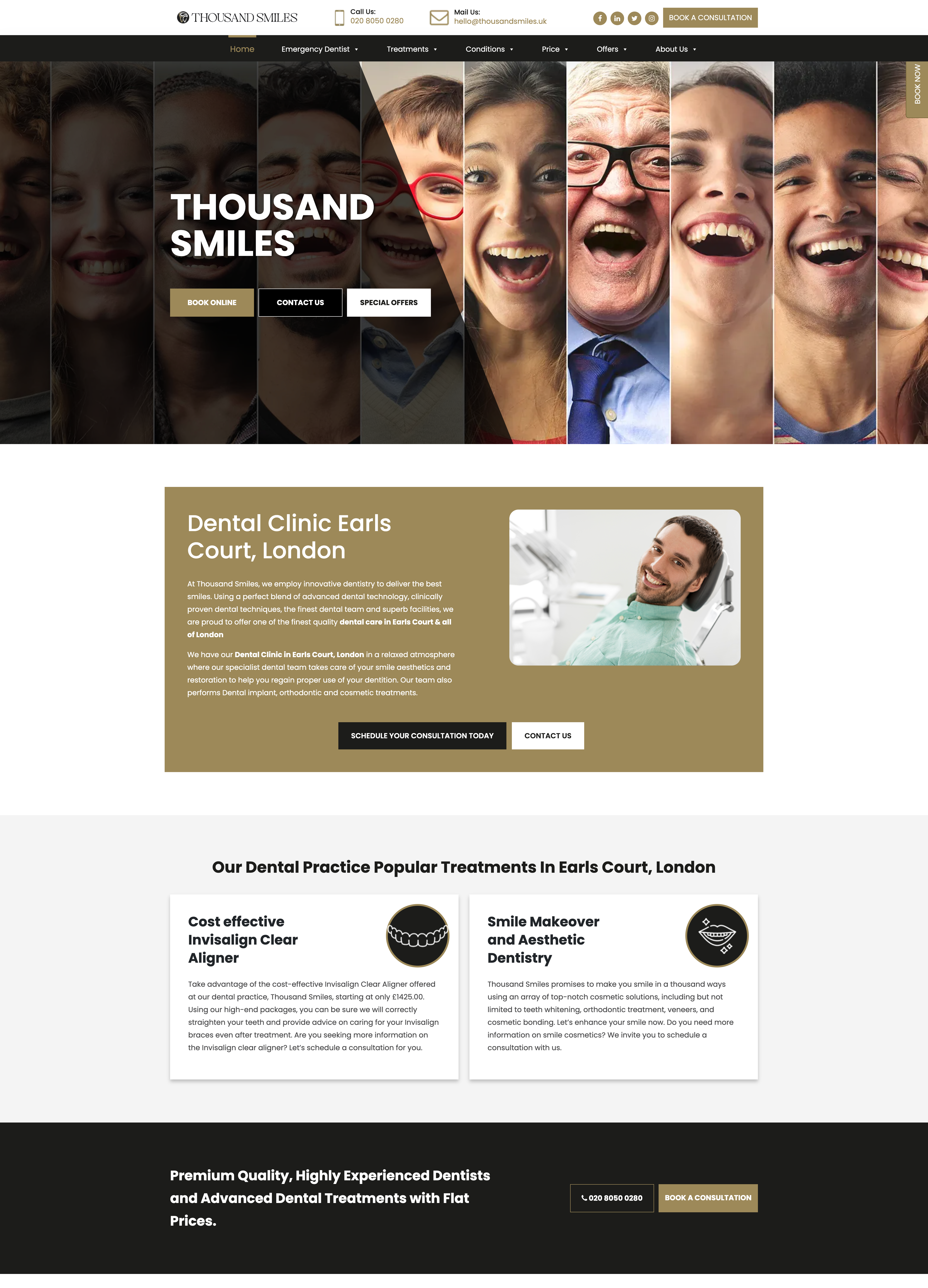 Thousand Smiles original website v1 — strip-collage hero of laughing patients with a large THOUSAND SMILES wordmark, Book Online / Contact Us / Special Offers buttons, antique-gold Dental Clinic Earls Court London panel, Invisalign Clear Aligner and Smile Makeover treatment cards, and a dark footer reading Premium Quality, Highly Experienced Dentists and Advanced Dental Treatments with Flat Prices