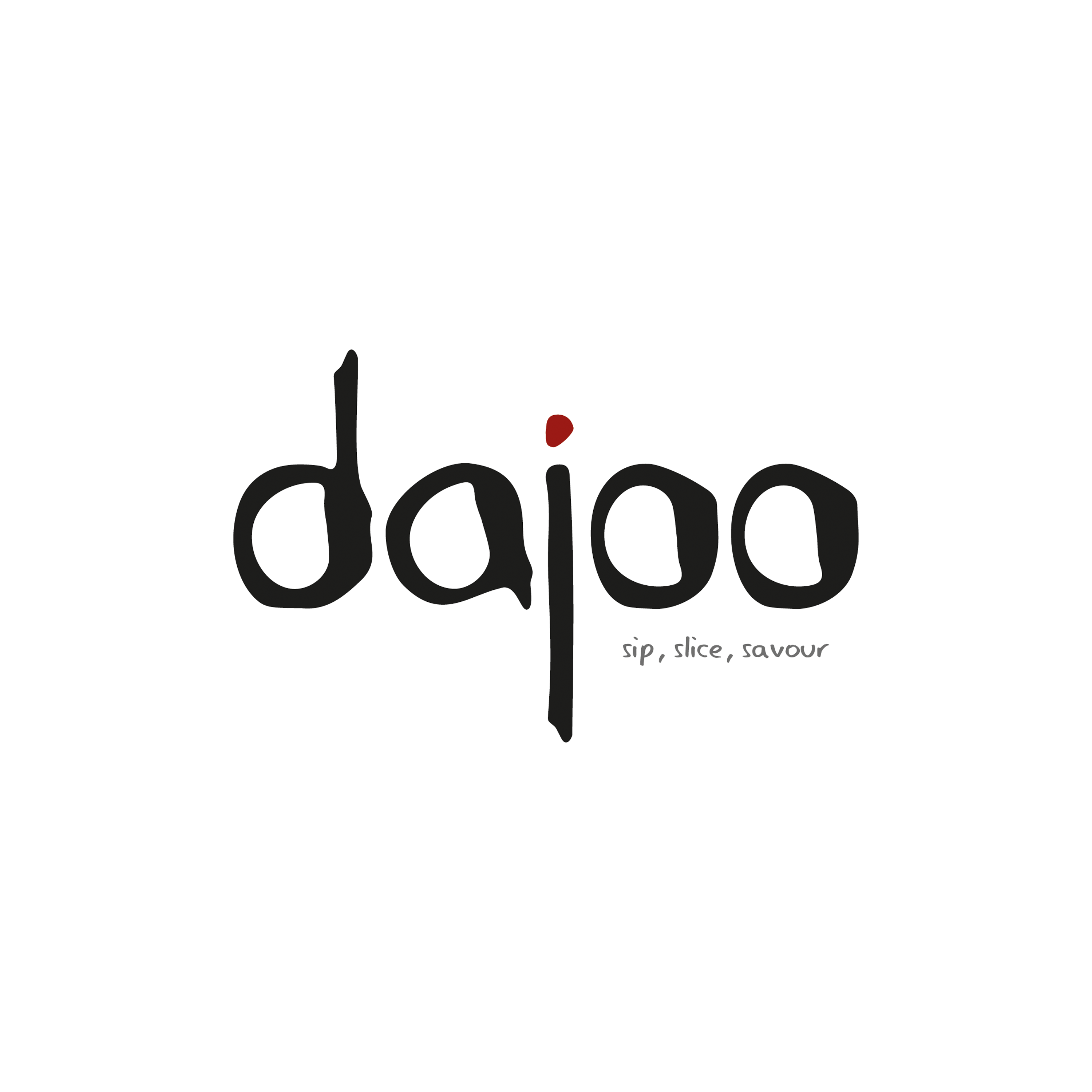 Dajoo primary mark — hand-drawn lowercase 'dajoo' wordmark with a small red dot over the j and 'sip, slice, savour' tagline, set on a white circle