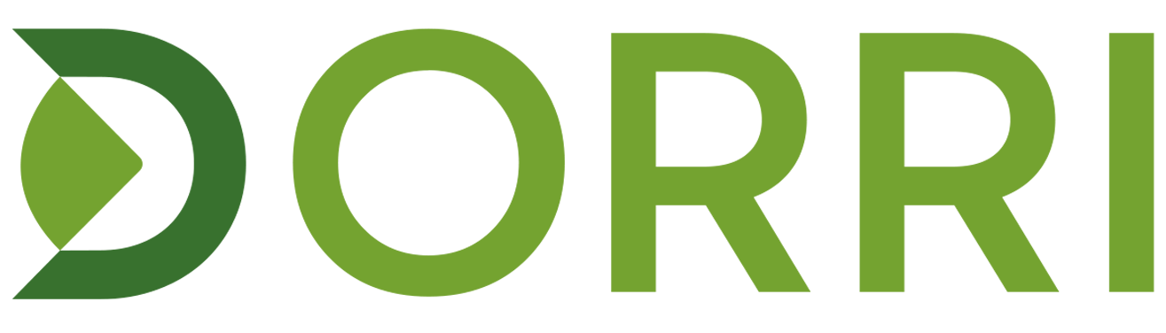 Dorri primary mark — two-tone green leaf-and-seed 'D' icon beside the DORRI wordmark in a clean green sans
