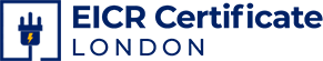 EICR Certificate London primary mark — navy rounded-square plug icon with a safety-yellow lightning bolt beside the EICR Certificate / LONDON wordmark