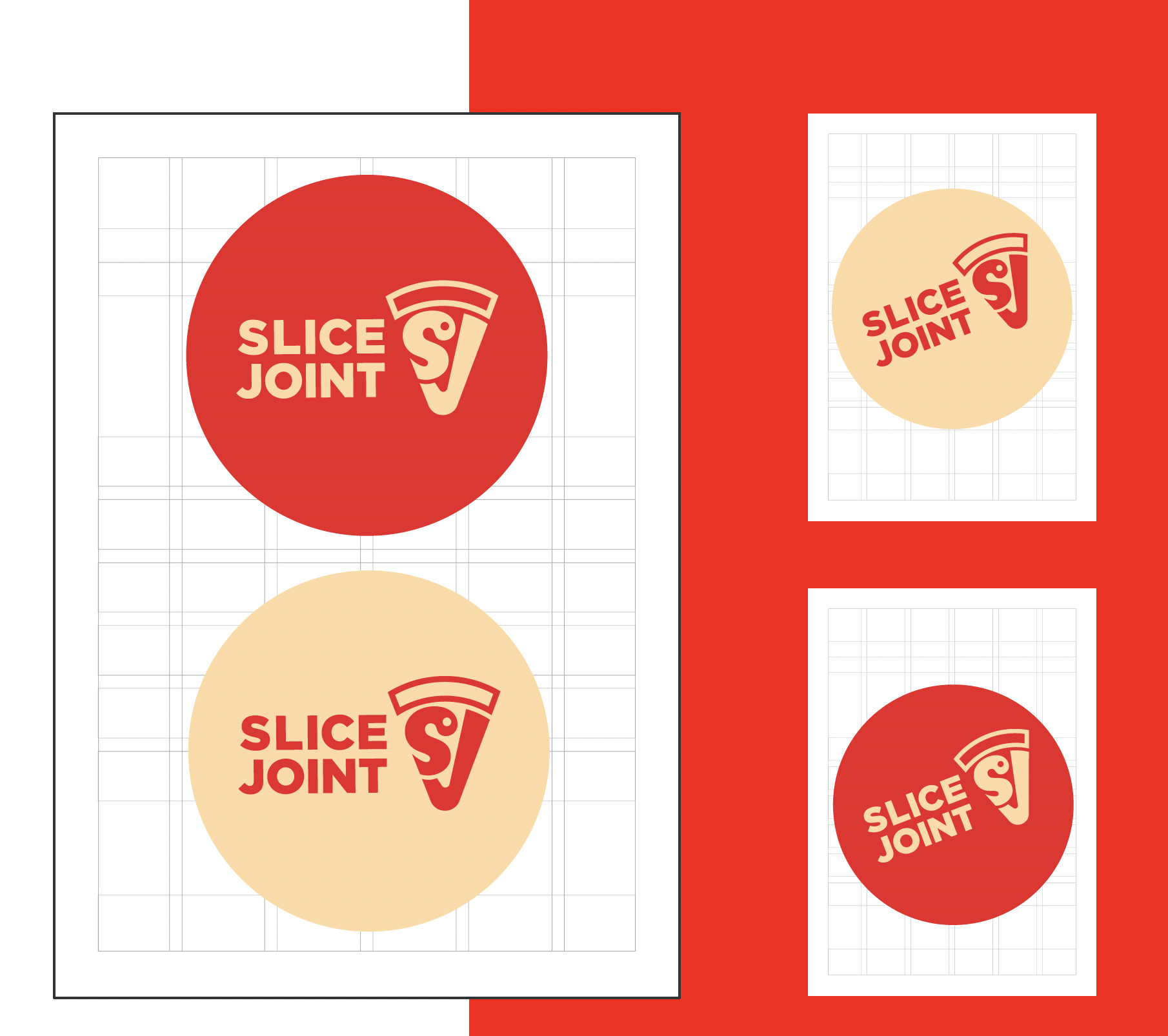 Slice Joint badge variants — the lockup inside a red circle and inside a cream circle, on white and on red
