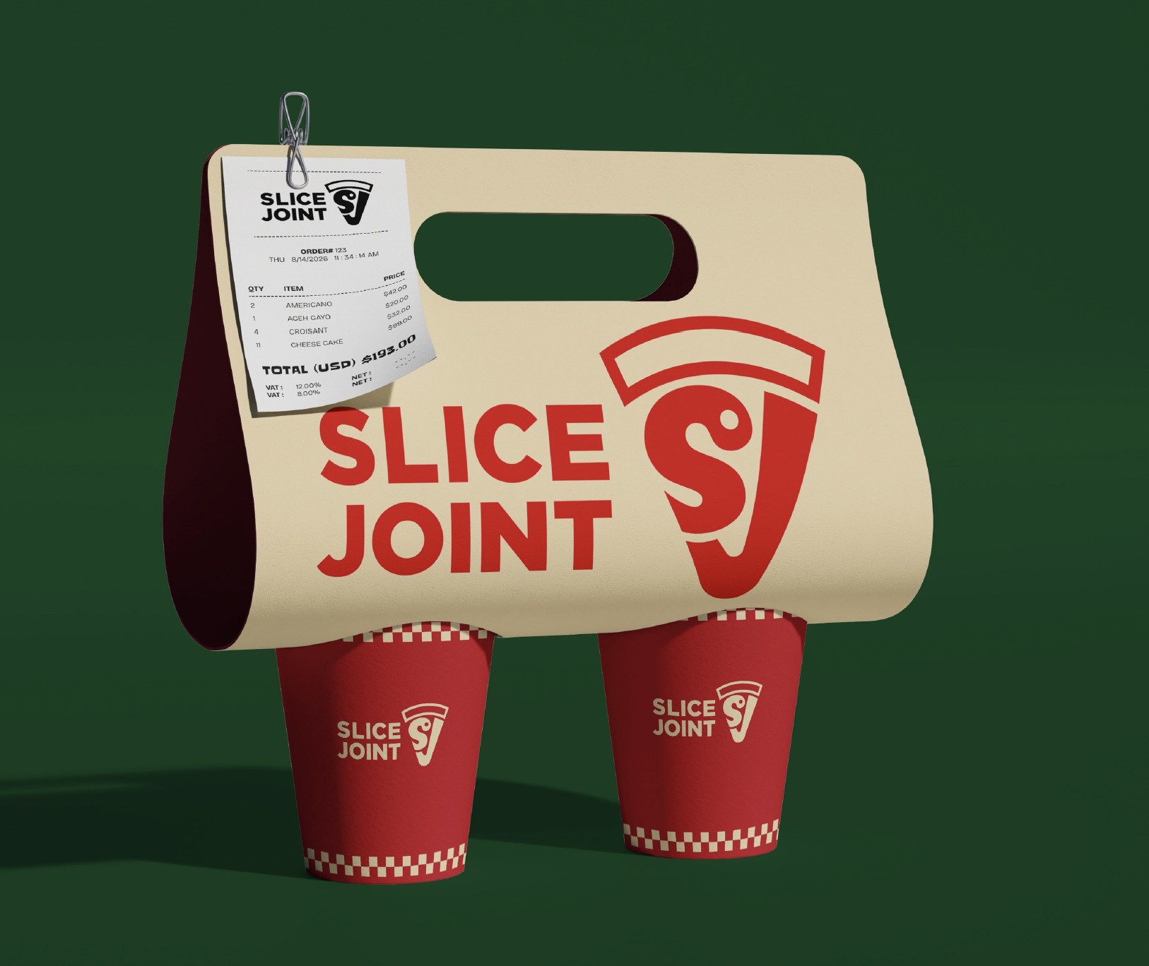 Slice Joint two-cup carrier — a cream board with the red SLICE JOINT logo, a clipped paper receipt and two red checkerboard-trim cups beneath