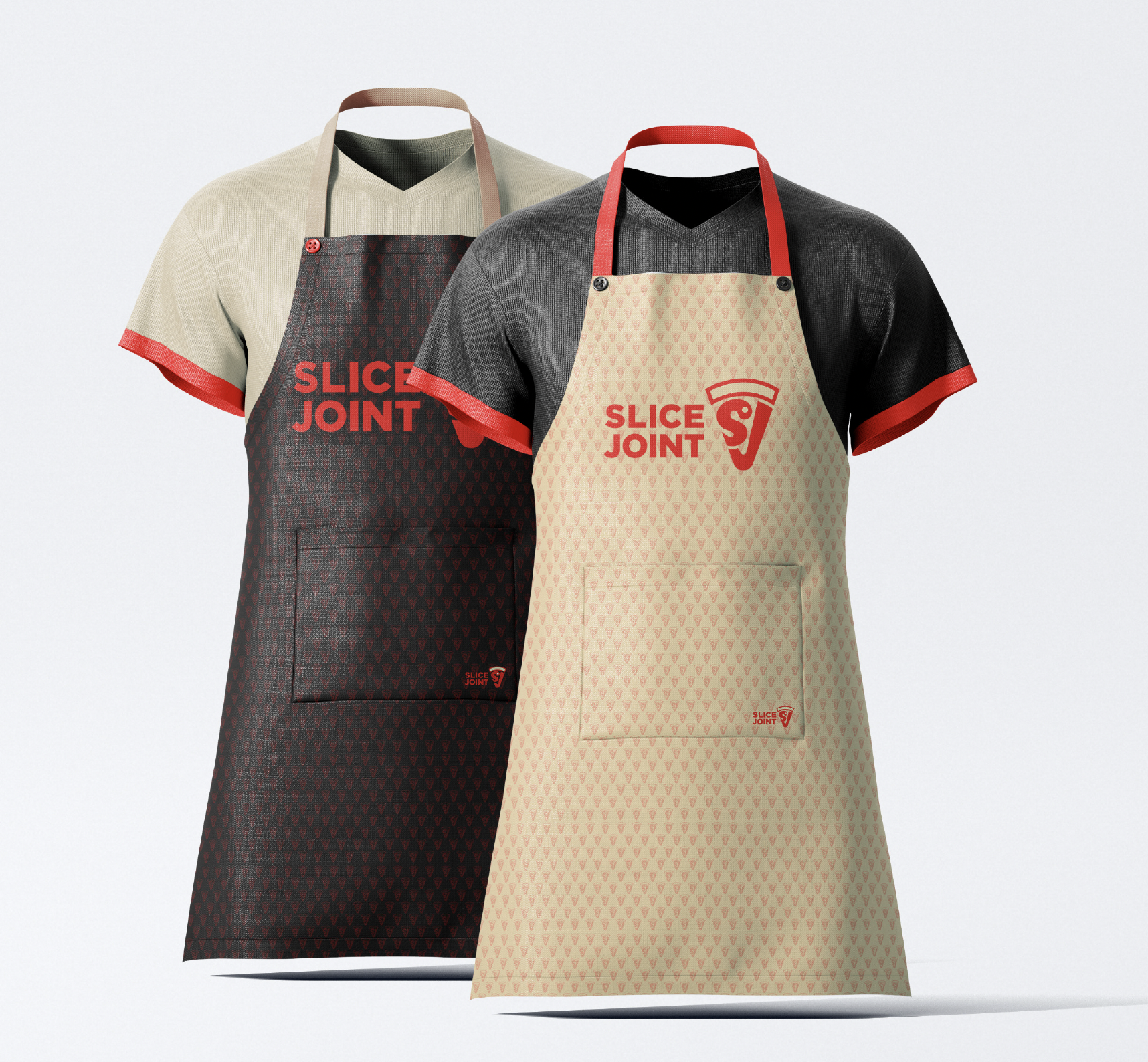 Slice Joint aprons — a charcoal apron with red SLICE JOINT type and a cream apron with the full lockup over the tossed-slice pattern; both with red ties