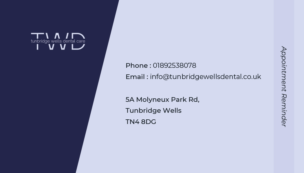 Appointment reminder card front — split navy and periwinkle layout with the TWD logo, phone, email, 5A Molyneux Park Rd, Tunbridge Wells TN4 8DG, and a vertical Appointment Reminder tab