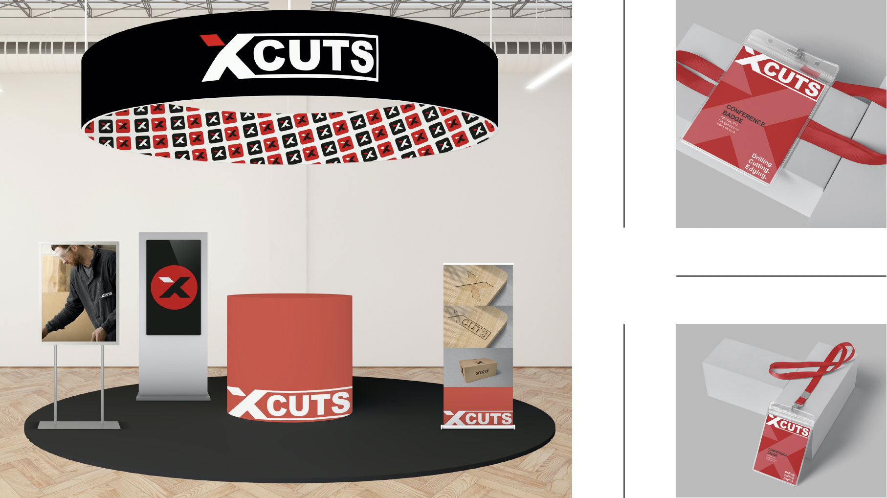 XCuts exhibition build — a trade stand with a hanging circular banner carrying the XCuts logo and an X-tile pattern, a digital totem, branded plinths, a roll-up banner, branded workwear, engraved-timber samples and red conference badges on red lanyards reading Conference Badge Drilling Cutting Edging