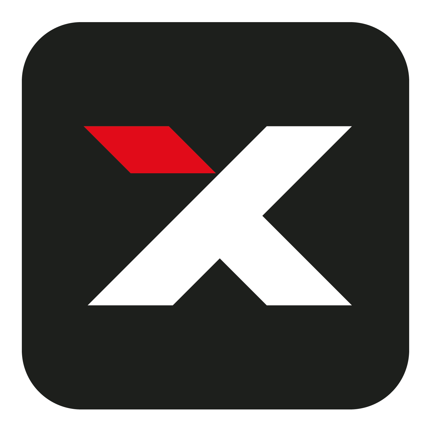 XCuts app icon — a charcoal rounded square containing a white X mark with a red parallelogram flash in the top-left quadrant